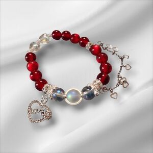 Elegant Red and Silver Heart Charm Bracelet